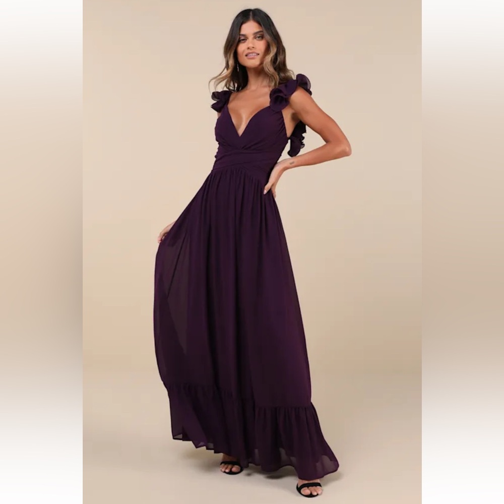 Soiree Celebration Purple Floral Ruffled Lace-Up Maxi Dress